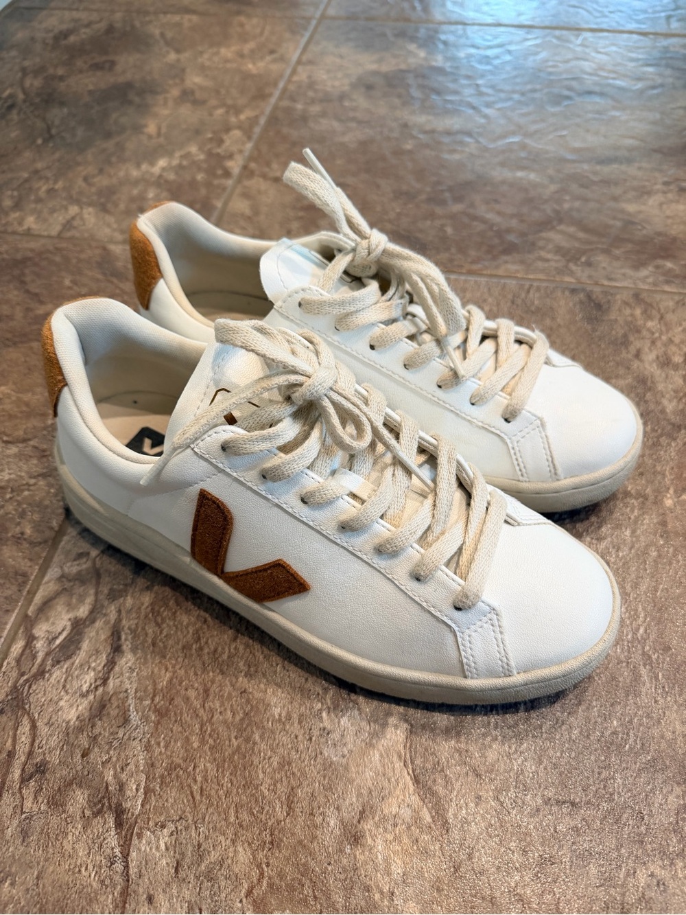 Veja White Leather Sneakersi with Tan Suede V Logo 8